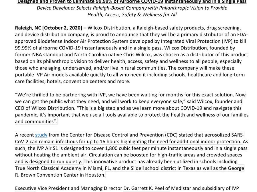 Wilcox Distribution Tapped as Primary Distributor of a Biodefense Indoor Air Protection System